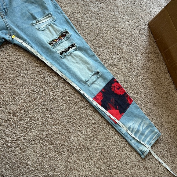 Fashion Nova Men Medium Wash Blue Big Time Patchwork Skinny Jeans Size 38 - Picture 11 of 13